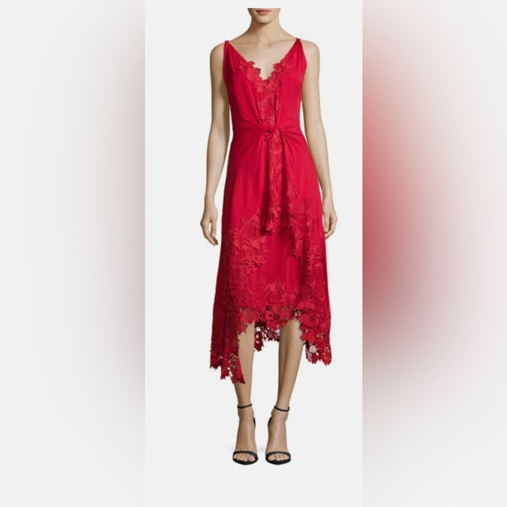 Kobi Halperin Sleeveless Silk Lace-Trim Midi Dress Crimson RED SIZE 6